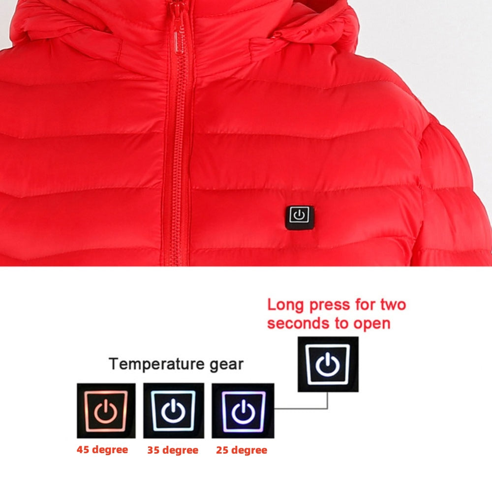 Red USB heated jacket with heat zones highlighted