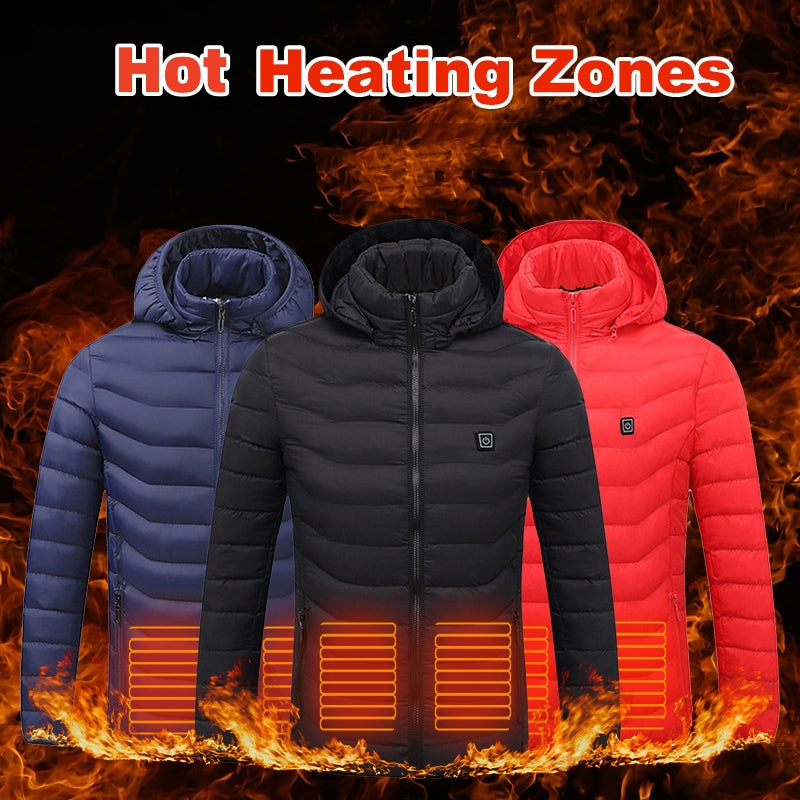 Warmfront USB heated jacket showing heating zones on chest, back and collar