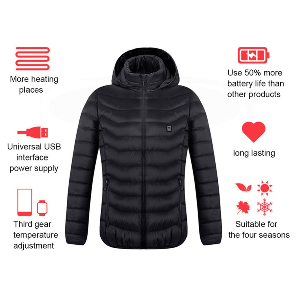 Heated jacket features: 3 heat settings, USB powered, washable