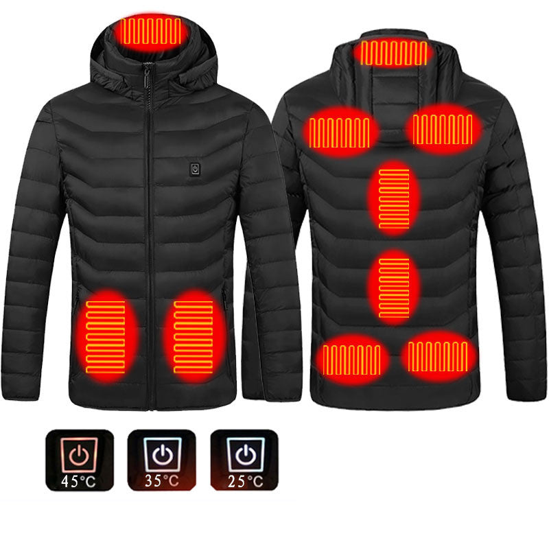 Black heated jacket front and back heat zones