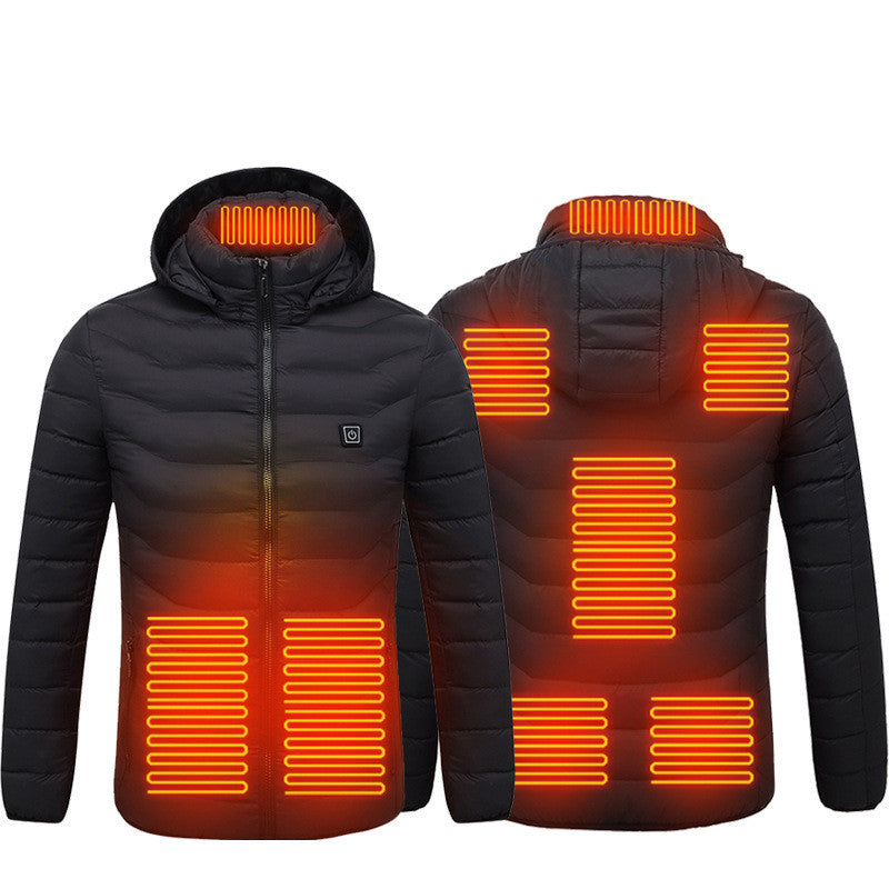 Heated winter jacket in black, navy and red