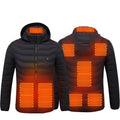 Heated winter jacket in black, navy and red